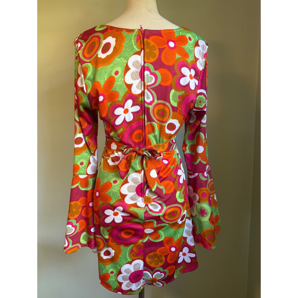 Charades Groovin Dress Pink Orange Floral Bell hippie Retro 60s 70s Costume M - Picture 5 of 7